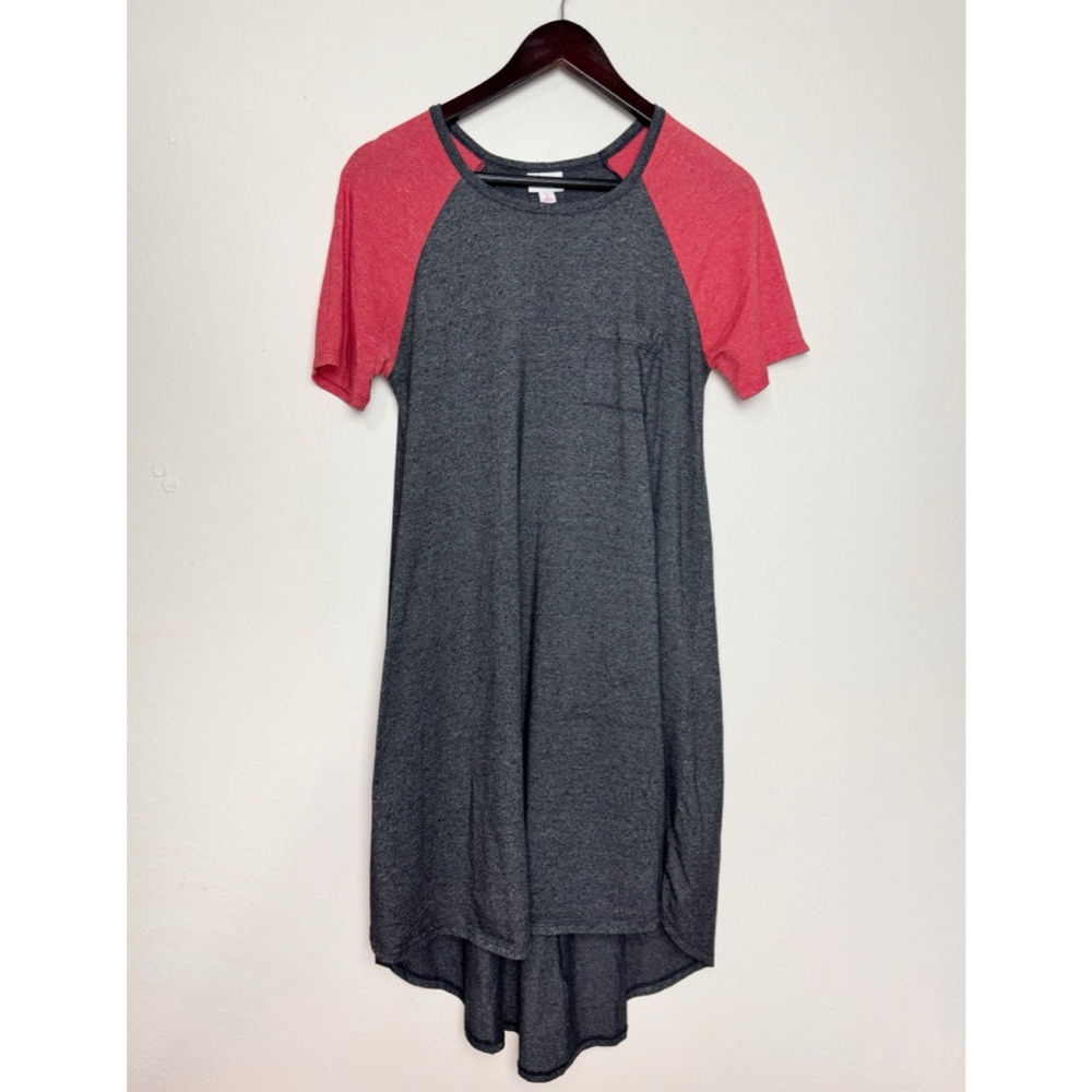 Lularoe Womens Carly Shirt Dress Pink Gray Hi Lo Casual Short Sleeve Flowy Comfy